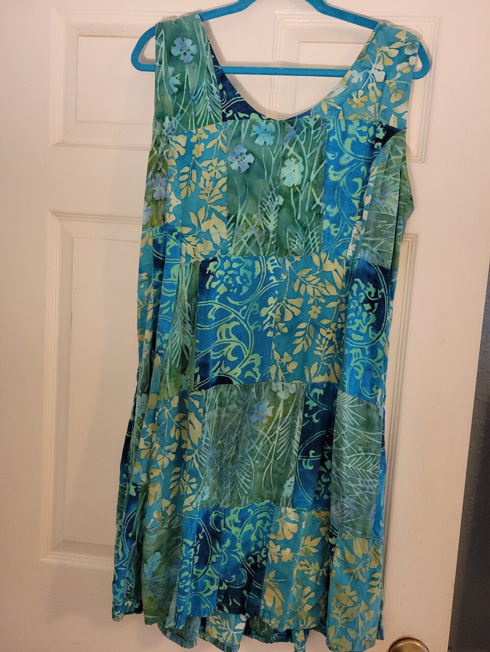 Batik Print Blue and Green Floral Patchwork Sun Dress Size XL Beach Coverup - Picture 3 of 12